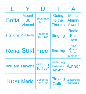 Lydia Bingo Card