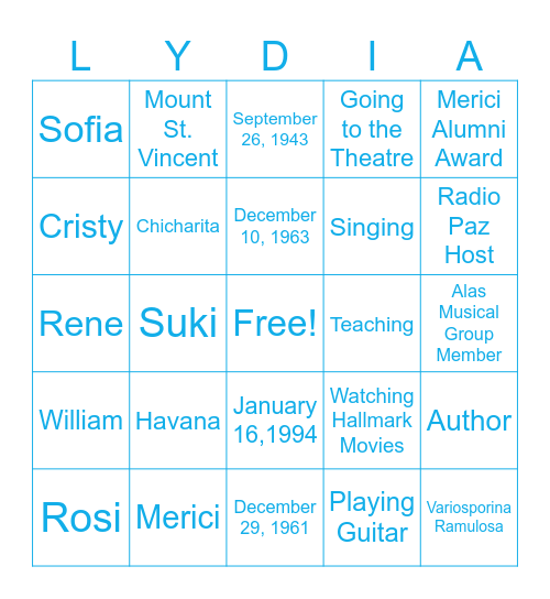 Lydia Bingo Card