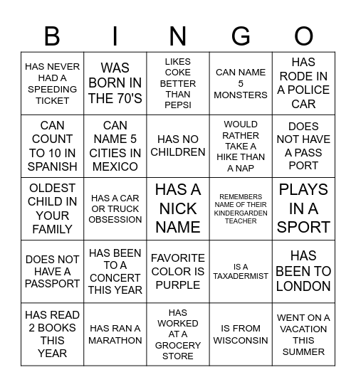 FIND SOME BODY WHO Bingo Card