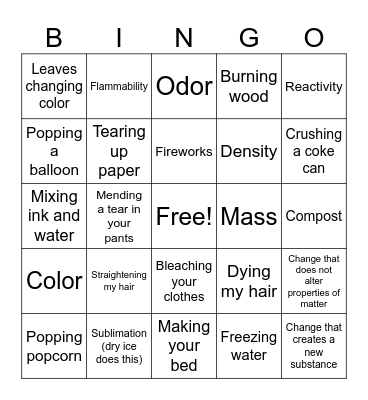 Chem vs. Phys Bingo Card