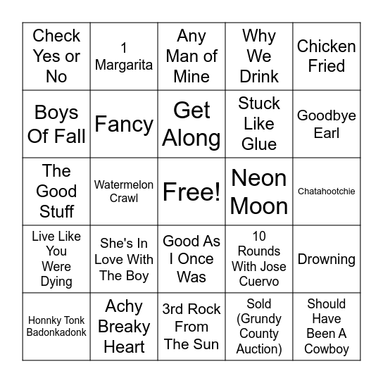 Country Music Bingo Card
