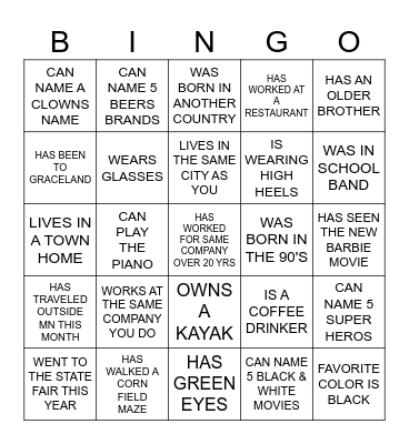 FIND SOME BODY WHO Bingo Card