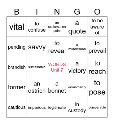 Words Unit 7 Bingo Card