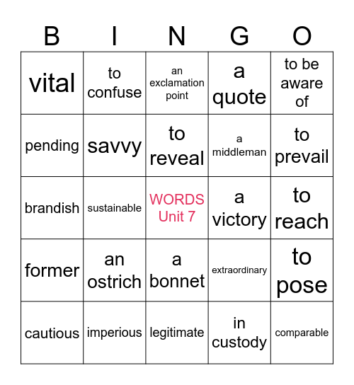 Words Unit 7 Bingo Card