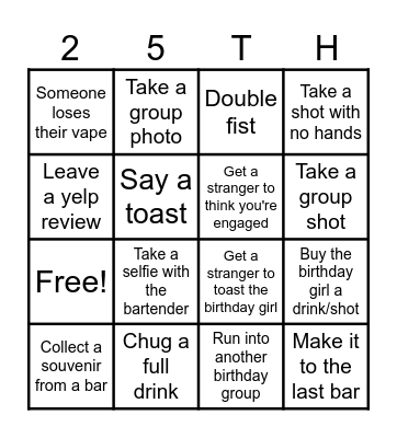 Morgan's Birthday Bar Crawl Bingo Card