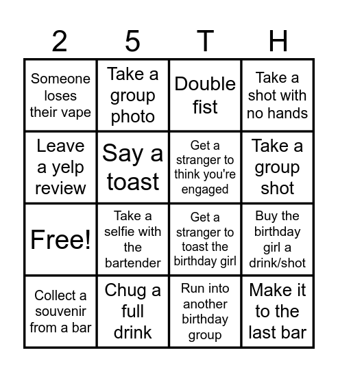 Morgan's Birthday Bar Crawl Bingo Card