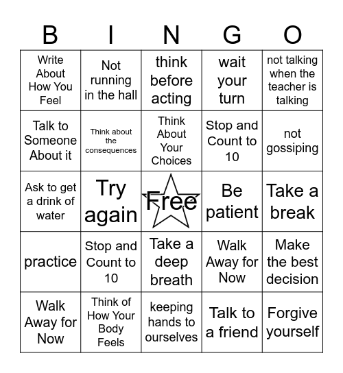 USING SELF-CONTROL Bingo Card