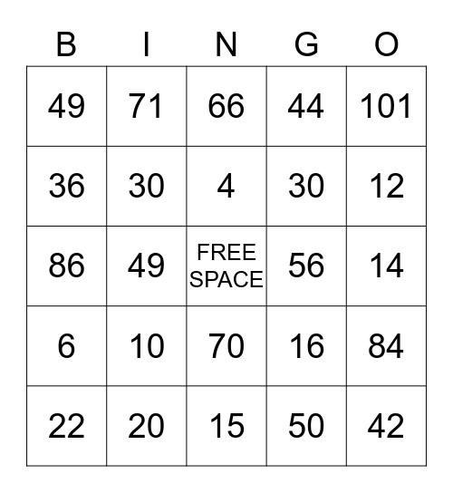 Amelia's Multiplication BINGO Card