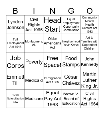 The New Frontier & The Great Society Bingo Card