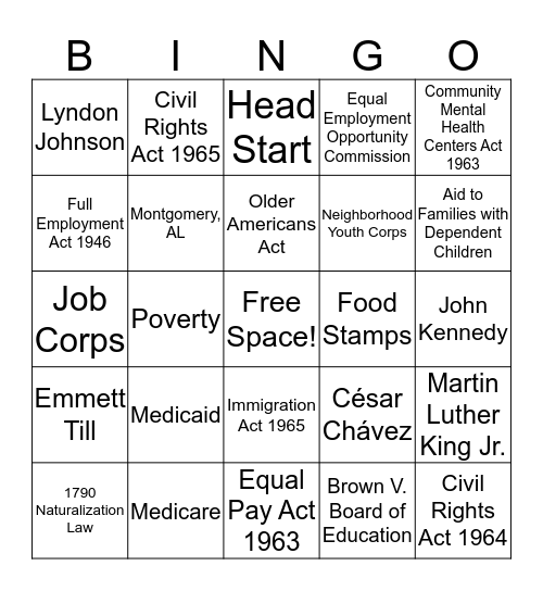 The New Frontier & The Great Society Bingo Card