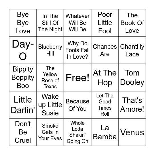 50's Music Bingo Card