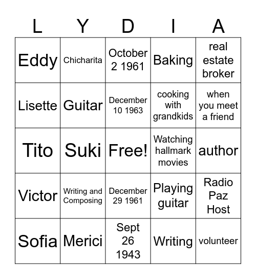 Lydia Bingo Card