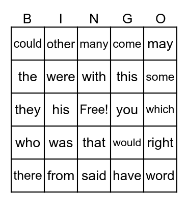 Sight Words Bingo Card