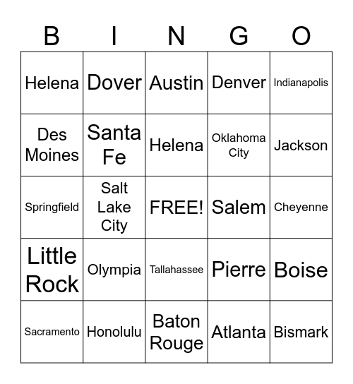 States and Capitals Bingo Card