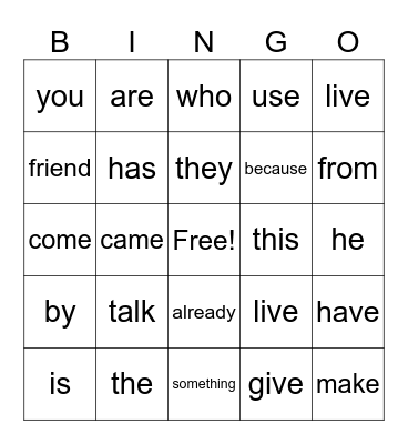 sight word bingo Card