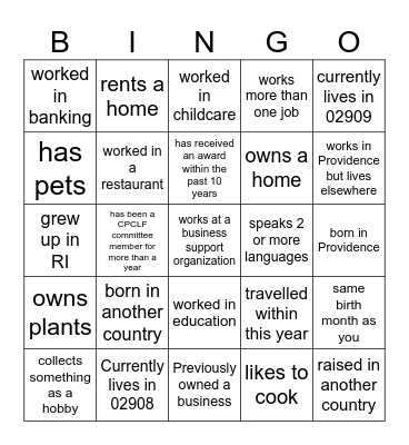 Central Providence Community Loan Fund Bingo Card