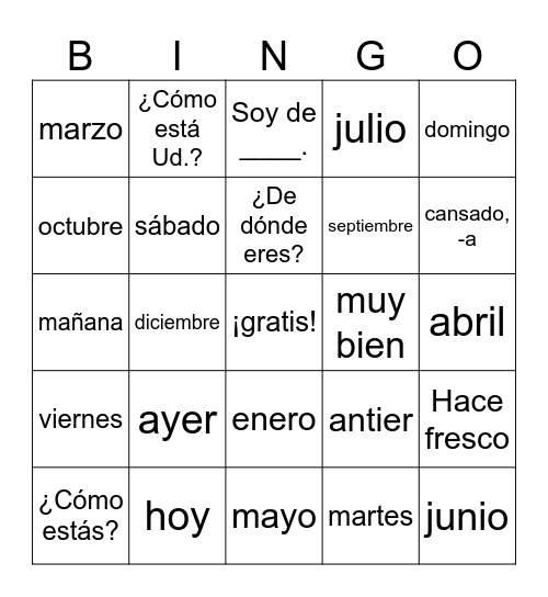 Days of Week, Greetings - Español Bingo Card