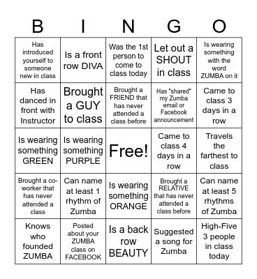 ZUMBA Bingo Card