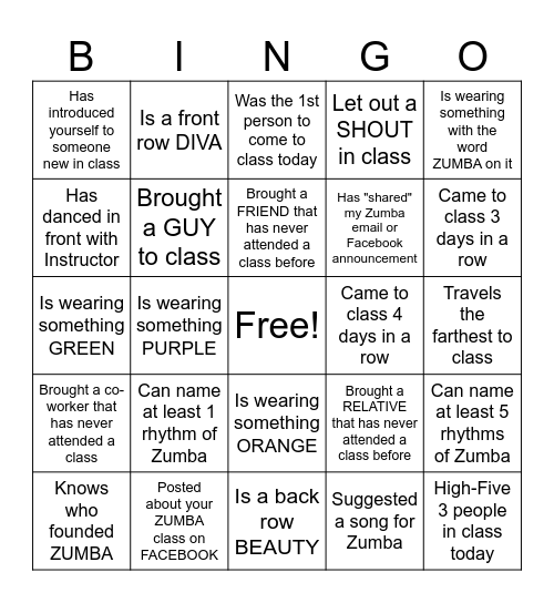 ZUMBA Bingo Card