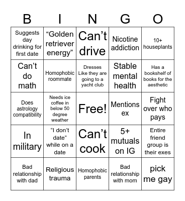 Gay First Date Bingo Card