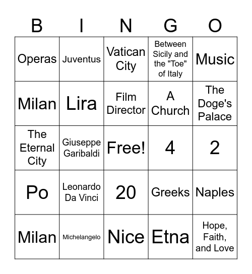 Italian Club Bingo Card