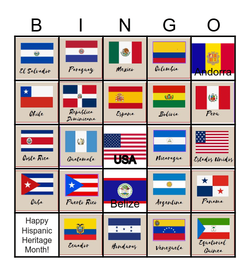 Spanish Speaking Countries Loteria Bingo Card