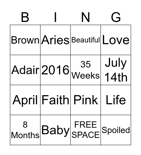 Baby Bingo Card