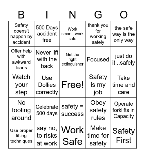 SAFETY BINGO Card