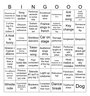 eurovision bingo Card