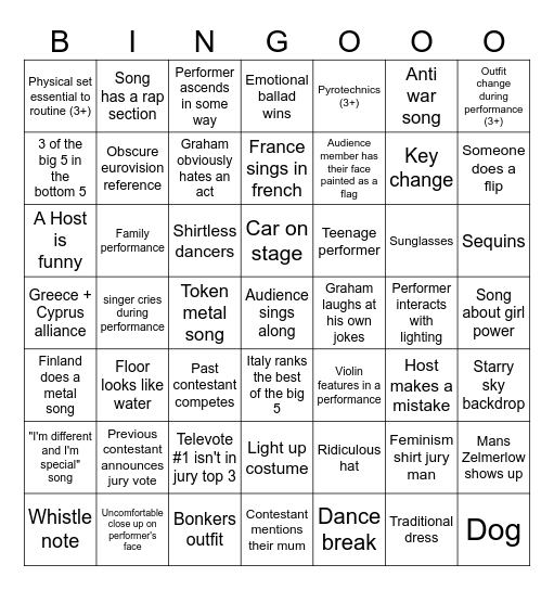 eurovision bingo Card