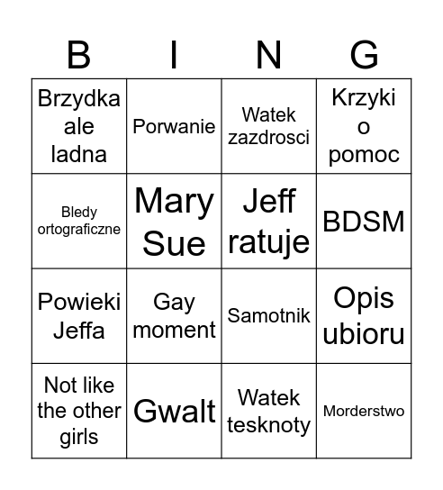 Fanfik bingo Card