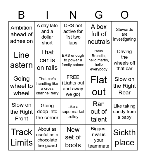 Brundle Bingo Card