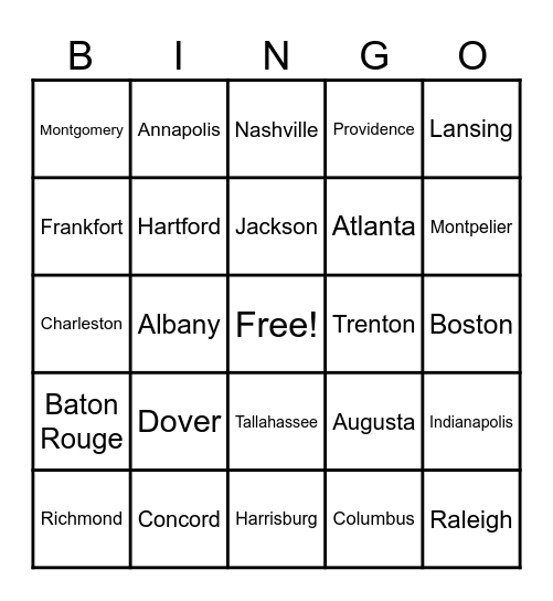 State and Capitals Bingo Card