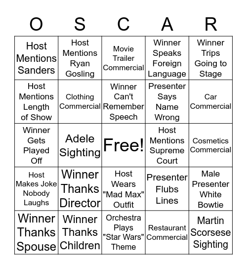 QUIZFIX OSCAR BINGO! Bingo Card