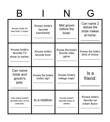 Who Knows The Bride Best? Bingo Card