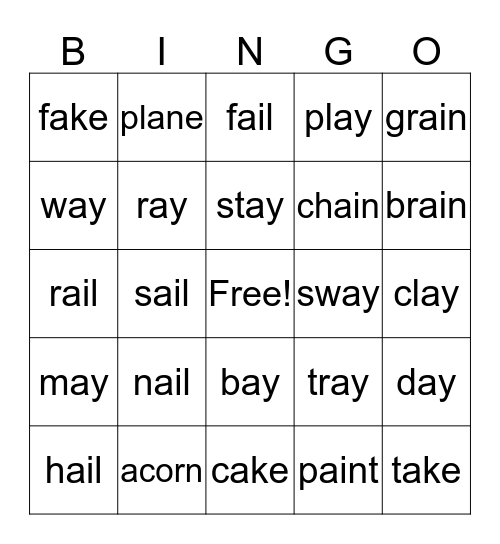 Long A Bingo Card