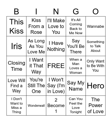 90s Love Song Bingo Card