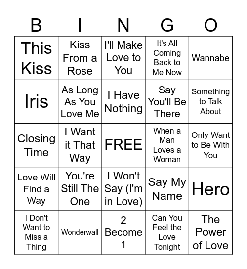 90s Love Song Bingo Card