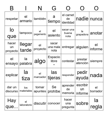 ¿Qué haces en la escuela? Cap. 1A Bingo Card