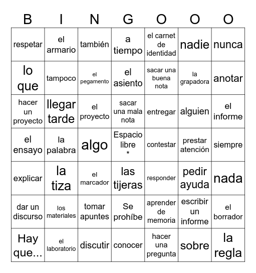 ¿Qué haces en la escuela? Cap. 1A Bingo Card