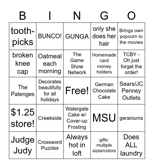 Grandma's 80th Birthday Bingo Card