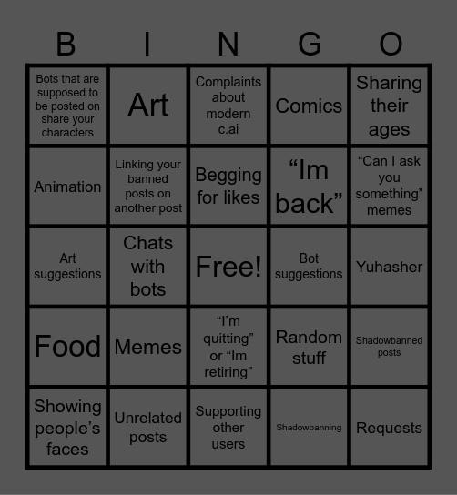 C.ai General Tab Bingo Card