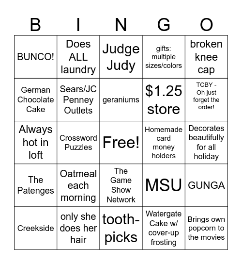 Grandma's 80th Birthday Bingo Card