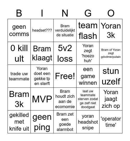 Yoran en Bram avonturen Bingo Card