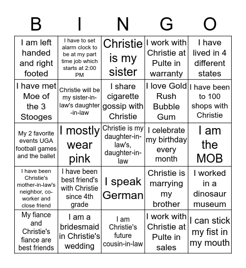 Christie's Ice Breaker Bingo Card