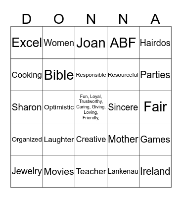 Donna's Birthday Bingo Card