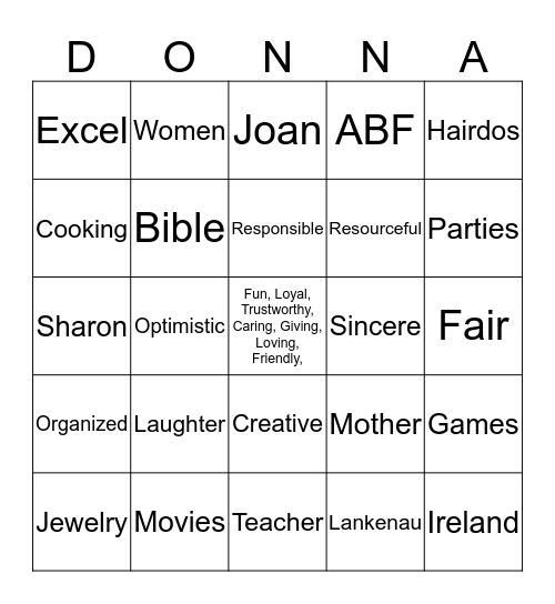 Donna's Birthday Bingo Card