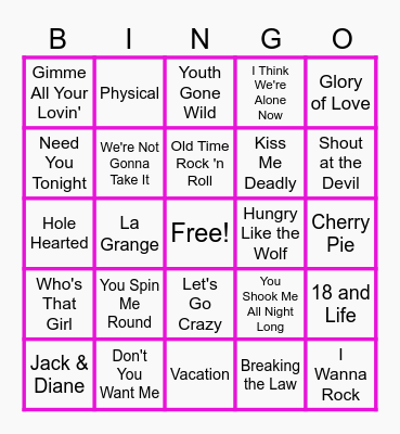 MUSIC BINGO at the Eagles! 80s HITS! Bingo Card