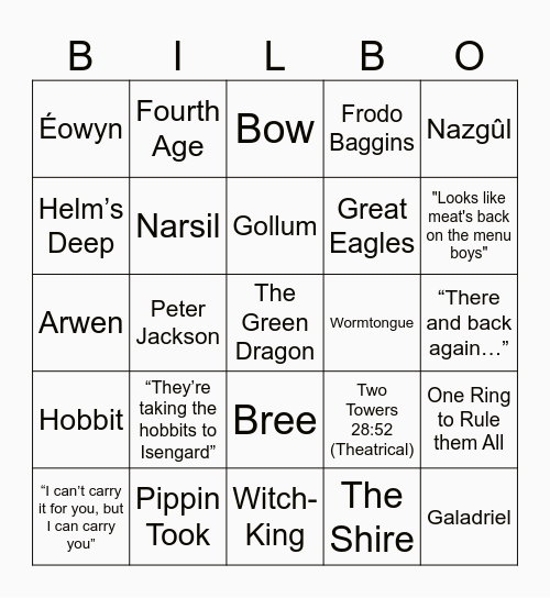 The Lord of the Rings Bingo Card