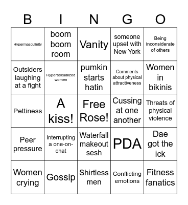 Reality Dating Bingo Card